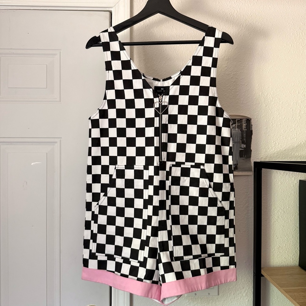 LAZY OAF black white checker cotton denim canvas v-neck sleeveless romper